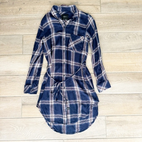 Rails Women’s Blair Plaid Mini Shirt Dress Flannel Navy Tie Waist Long Sleeve XS - Picture 2 of 8